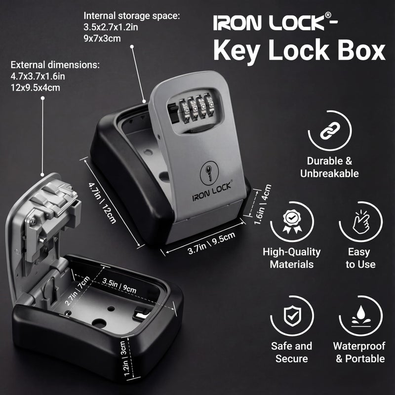 Iron Lock صندوق قفل المفاتيح Iron Lock® مثبت على الحائط - متوسط مقاوم للماء آمن معدني ثقيل مع تركيبة مكونة من 4 أرقام للوصول الخارجي، دخول المنزل، أمان المكتب، الإيجارات واستخدام Airbnb (رمادي، متوسط) - Image 5